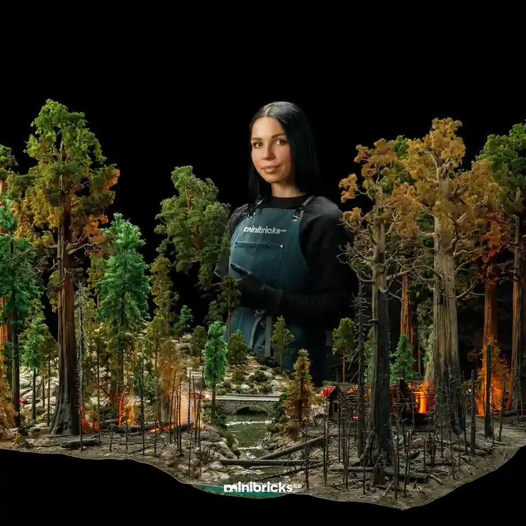 A woman wearing a blue apron with 'minibricks.co' printed on it and black gloves stands confidently in front of a detailed…