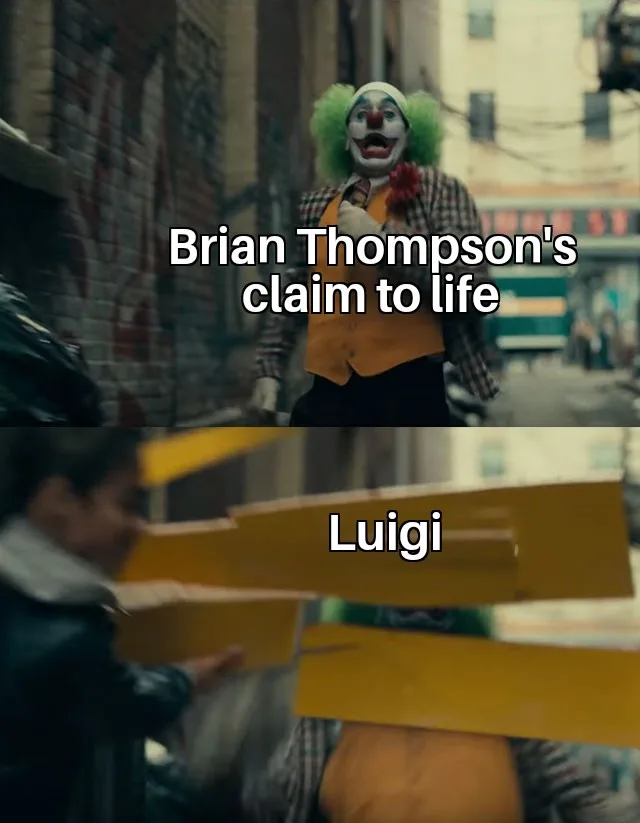 The top panel shows a clown with green hair and a red nose standing in an alleyway, overlaid with the text 'Brian Thompson's…