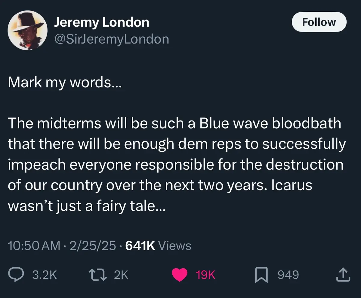 A screenshot of a tweet by Jeremy London (@SirJeremyLondon) with a dark background. The tweet reads 'Mark my words... The…