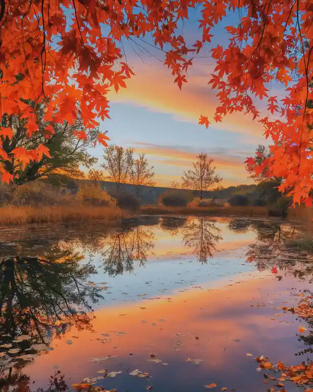 A serene autumn landscape shows vibrant red maple leaves framing a calm pond reflecting a colorful sunset sky. The water is…