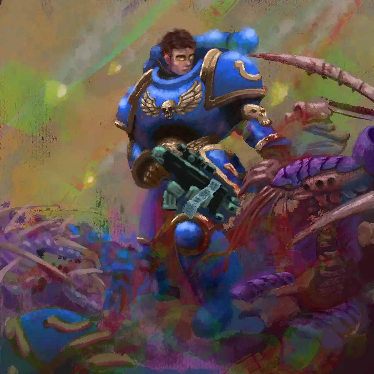 A digital painting depicts a Space Marine in blue power armor with winged skull insignia, holding a weapon, seemingly…