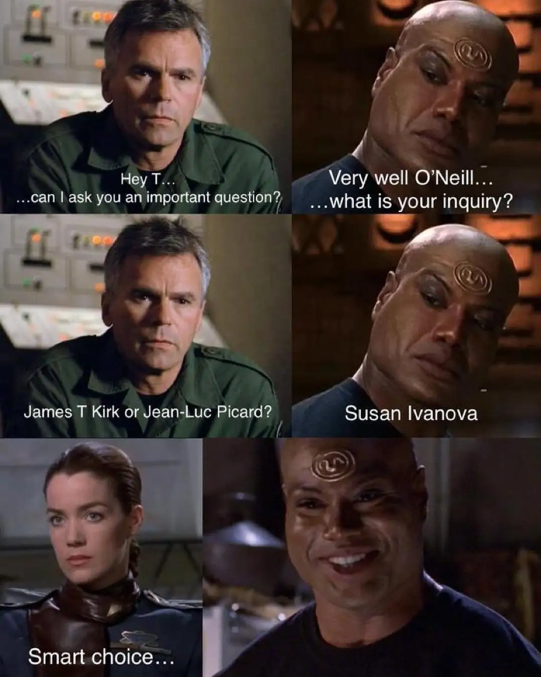 A six-panel meme featuring characters from Star Trek and Stargate SG-1. The top row shows Captain Kirk asking a question and…