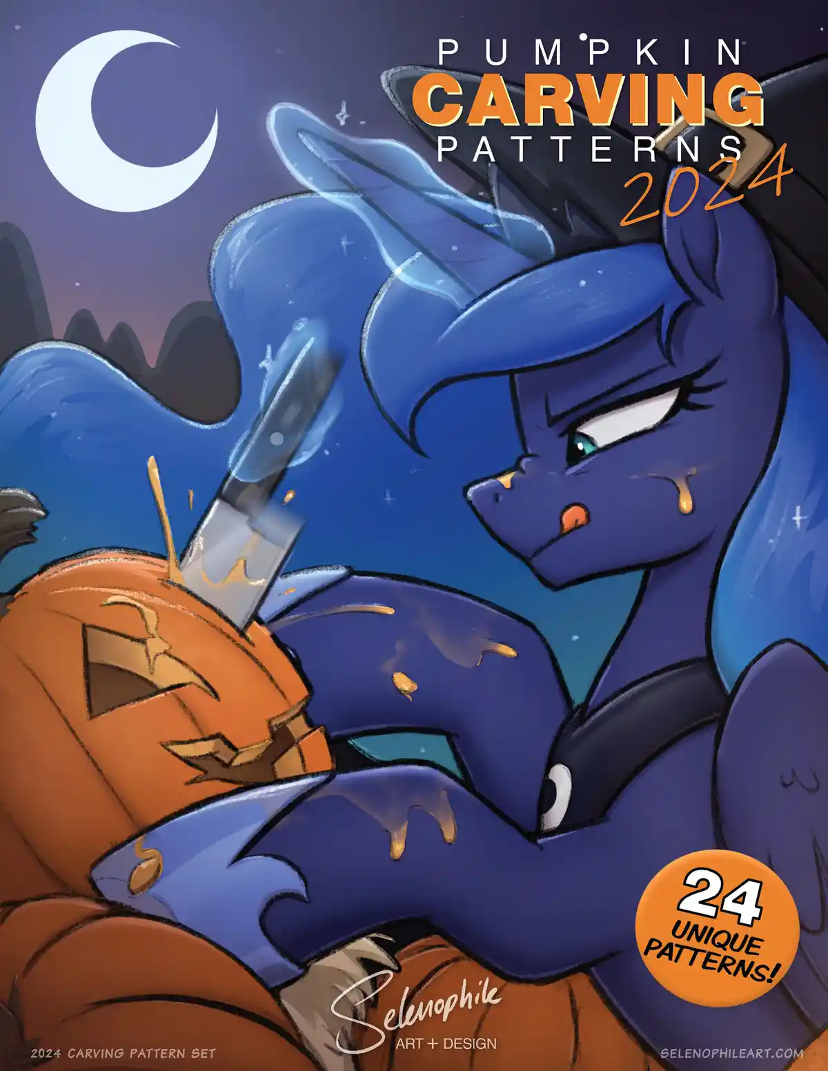 A blue cartoon pony with a witch hat and a determined expression is carving a pumpkin with a knife under a crescent moon…