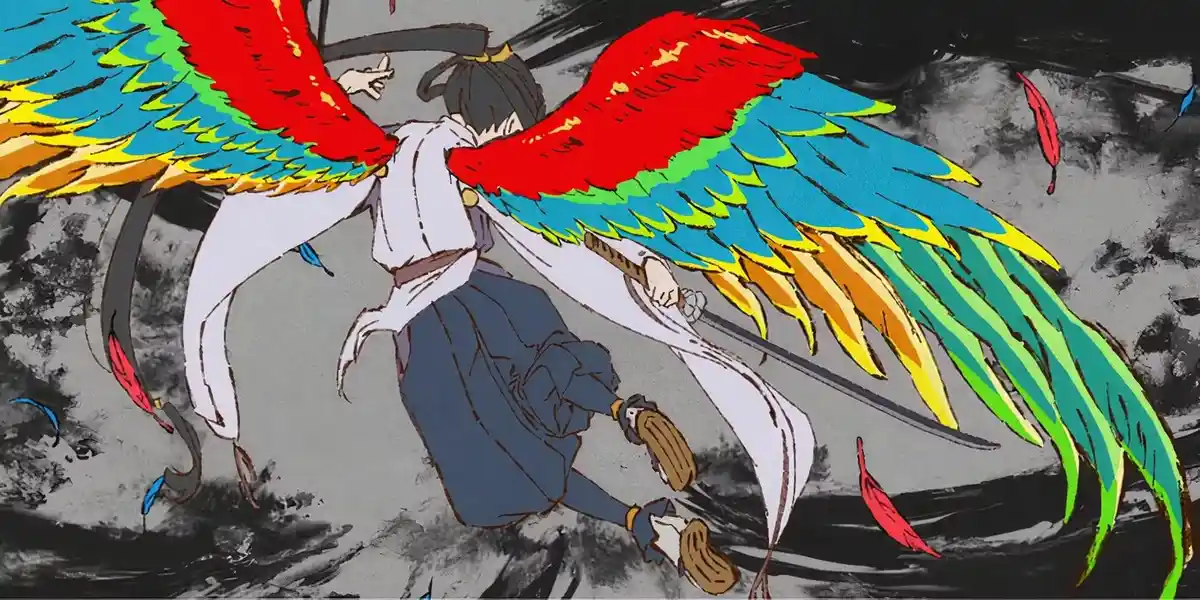 An anime-style character with large, colorful wings (red, blue, green, yellow) is shown from behind, wielding a sword and…