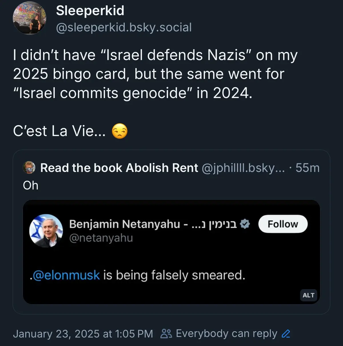 A screenshot of a Bluesky post by 'Sleeperkid' lamenting that both 'Israel defends Nazis' and 'Israel commits genocide' were…