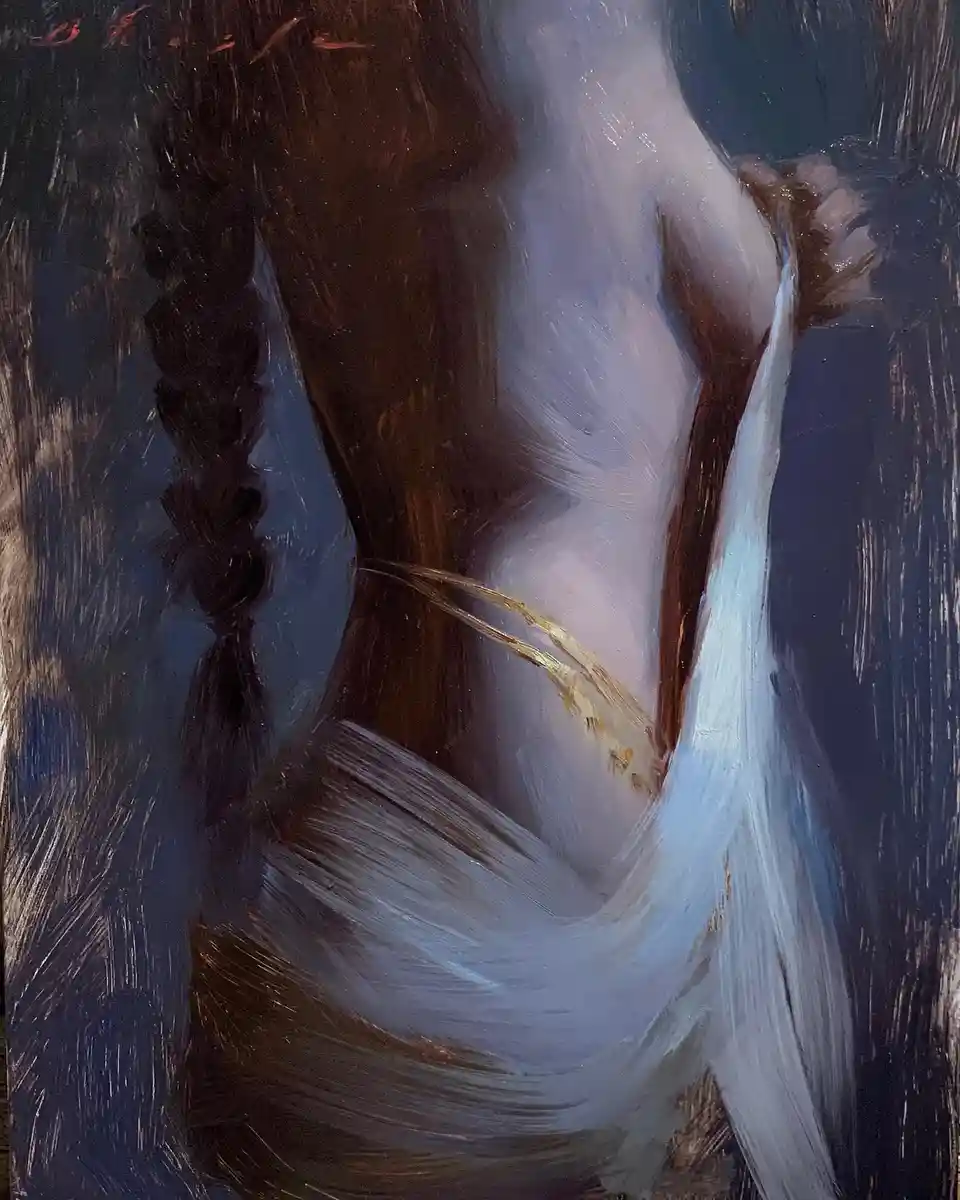 A painterly oil painting depicts a person from behind, showing their bare back and shoulders, with dark braided hair and a…