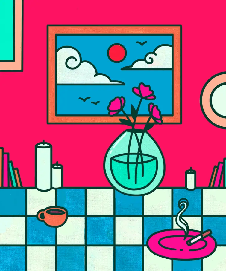 A stylized cartoon illustration shows a checkered table with a smoking cigarette in a pink ashtray, a vase of pink flowers…