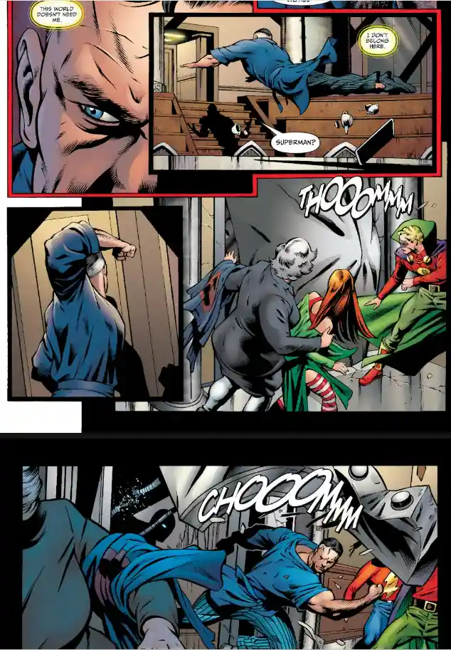 A comic book panel sequence shows a man in a blue suit declaring 'this world doesn't need me' and 'i don't belong here'…