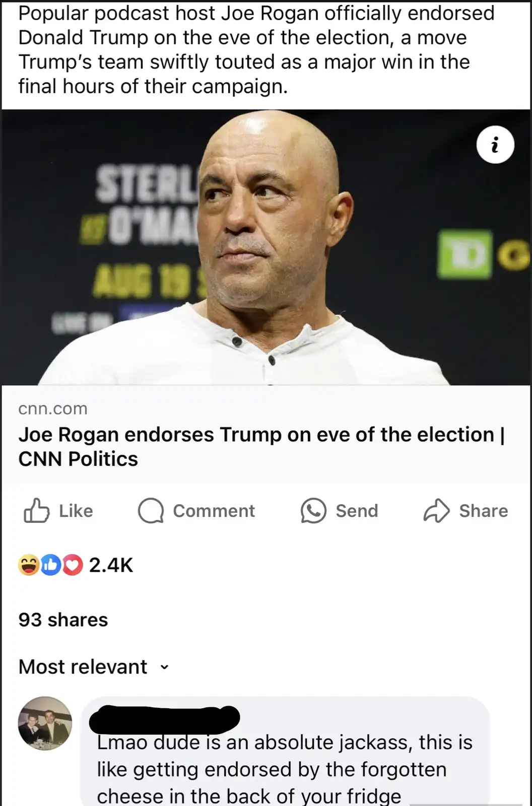 The image shows a screenshot of a Facebook post from cnn.com about Joe Rogan endorsing Donald Trump. Below the post, a user…