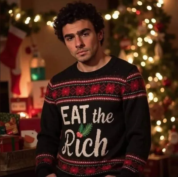 A man with dark curly hair wears a black Christmas sweater with red and white patterns and the text 'EAT the Rich' in white…