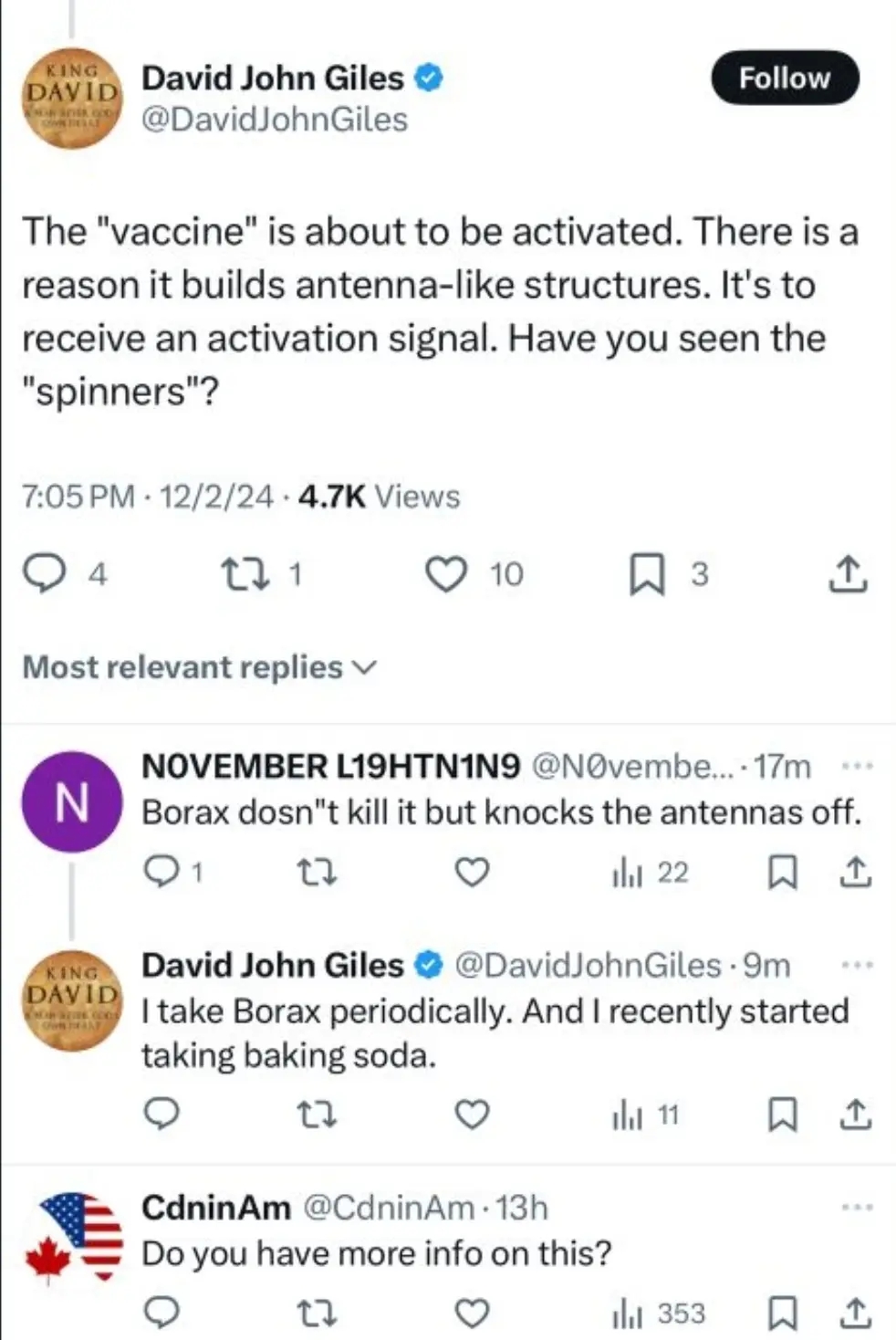 A screenshot of a Twitter thread shows user David John Giles claiming vaccines build antenna-like structures to receive an…