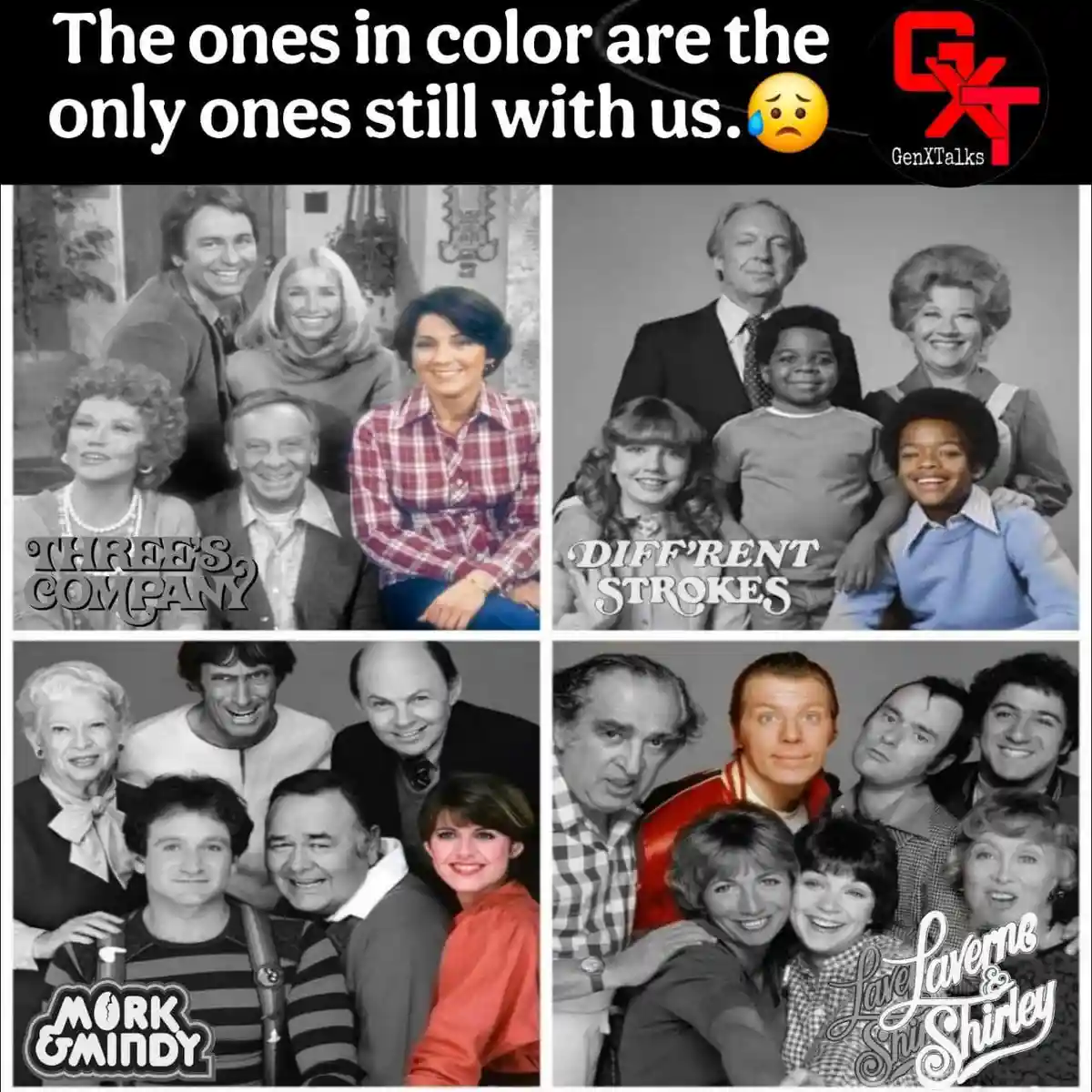 A collage of four vintage TV show cast photos: 'Three's Company', 'Diff'rent Strokes', 'Mork & Mindy', and 'Laverne &…