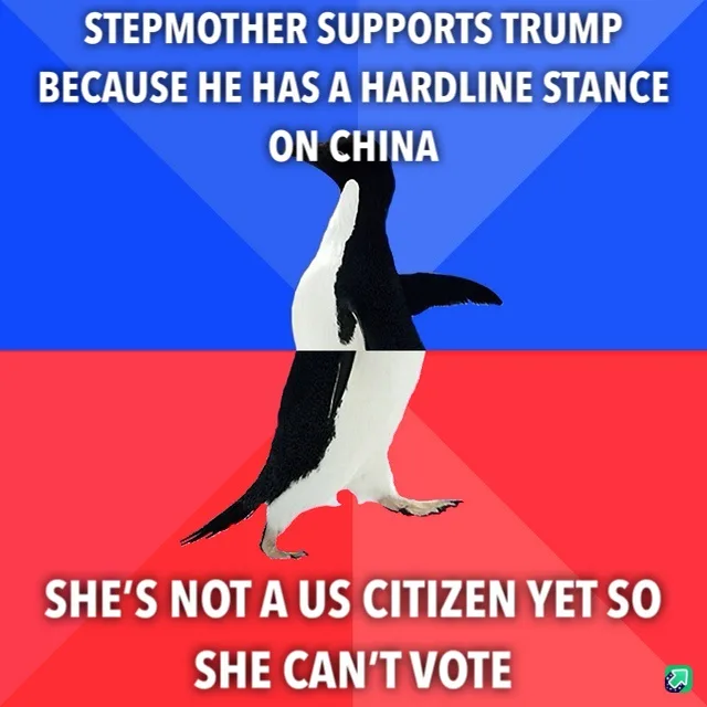 A penguin is split vertically down the middle, with the top half against a blue background and the bottom half against a red…