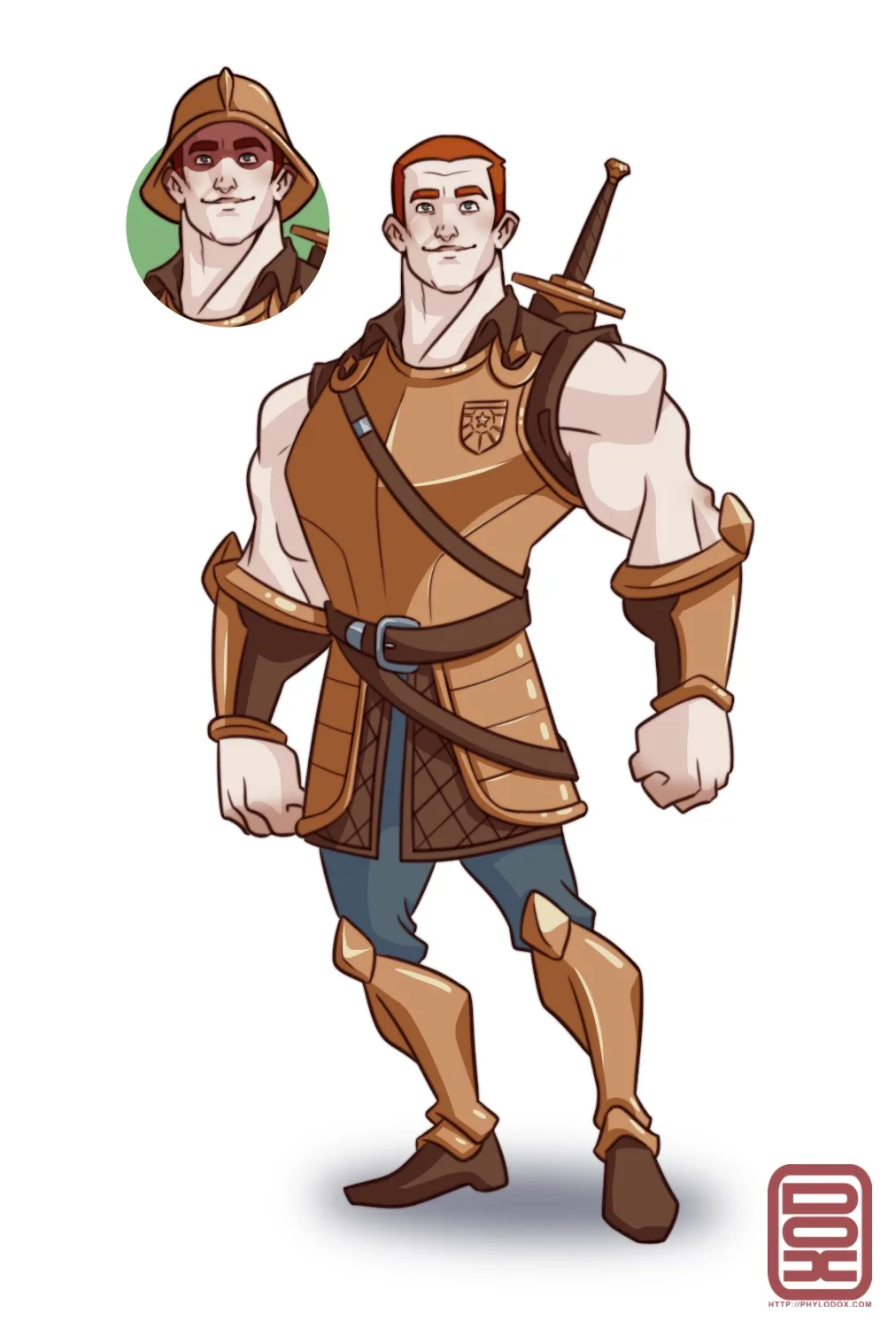 A cartoon illustration of a muscular man in brown armor and blue pants, with a sword on his back and a confident smirk. A…