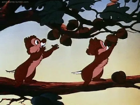 This image is a six-panel sequence from a classic Disney cartoon showing two chipmunks, Chip and Dale, on a tree branch. In…