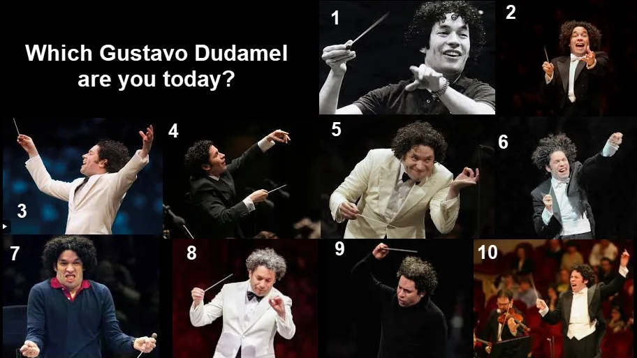 A collage of ten numbered photos of conductor Gustavo Dudamel in various expressive conducting poses, ranging from joyful to…