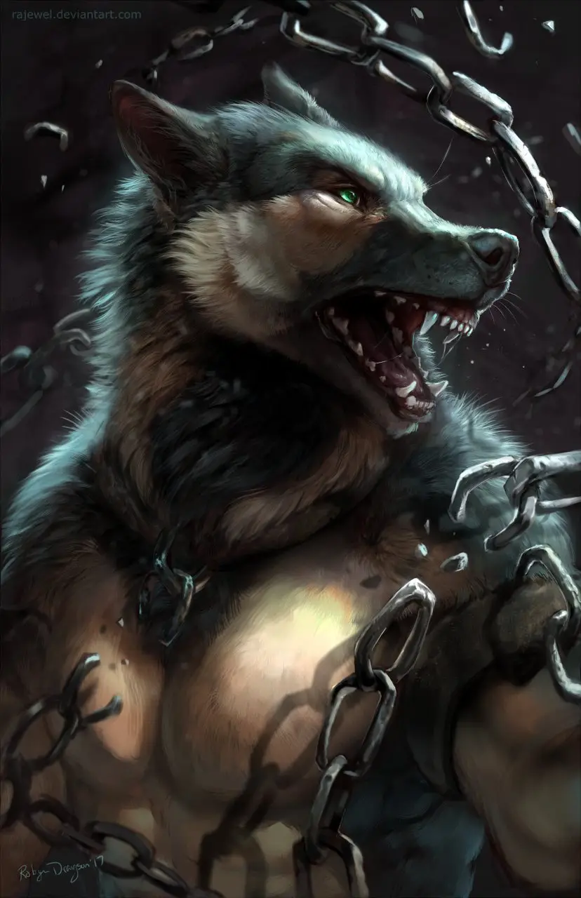 A digitally painted image shows a muscular human torso with a wolf's head superimposed on it, surrounded by broken chains…