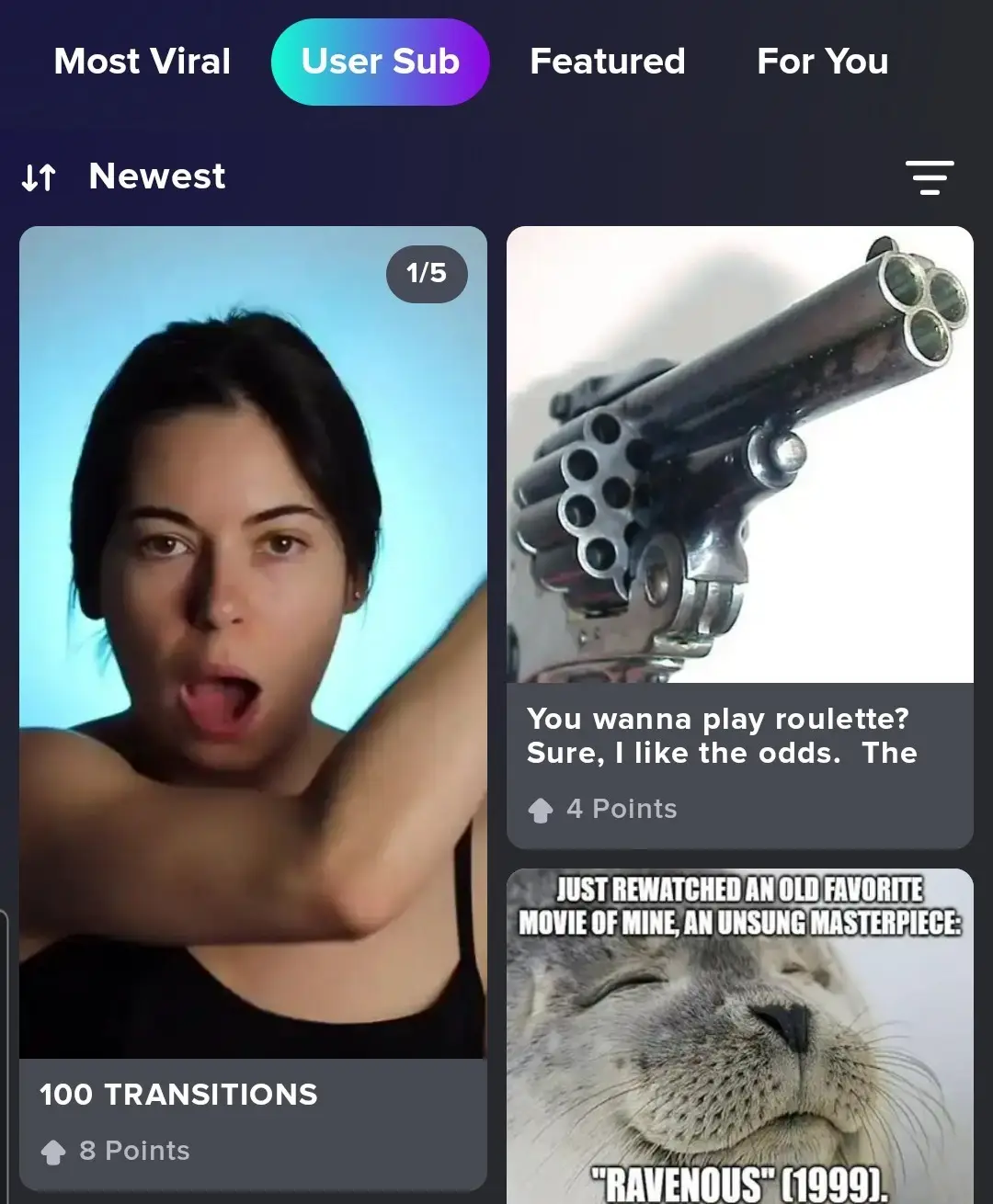 The image displays a screenshot of a meme aggregator app interface showing three memes. The top-left meme features a woman…