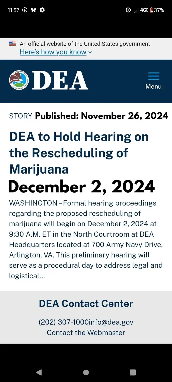 A screenshot of a fake DEA government website announcing a hearing on marijuana rescheduling for December 2, 2024, with the…