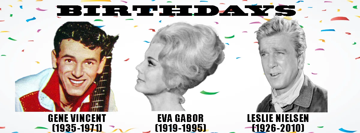 A celebratory image with confetti background and the word 'BIRTHDAYS' at the top, featuring three black-and-white portraits…