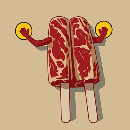 A cartoon illustration of a meat popsicle with arms and legs, holding two yellow coins in each hand. The popsicle has a…