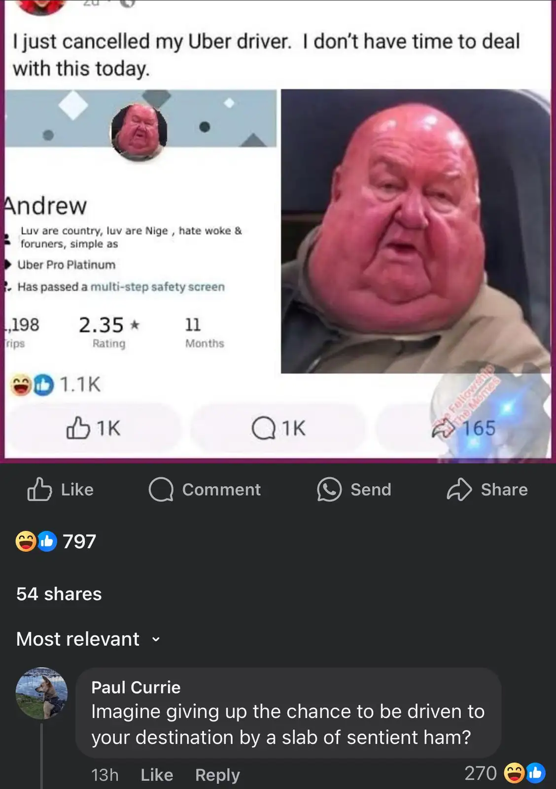 A screenshot of a Facebook post showing a user's Uber driver profile named 'Andrew' with a 2.35-star rating, 11 months of…