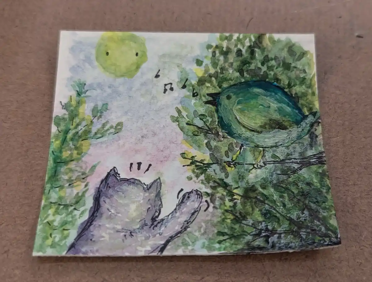 A watercolor painting shows a green bird perched on a branch in a tree, singing with musical notes above it, while a gray…
