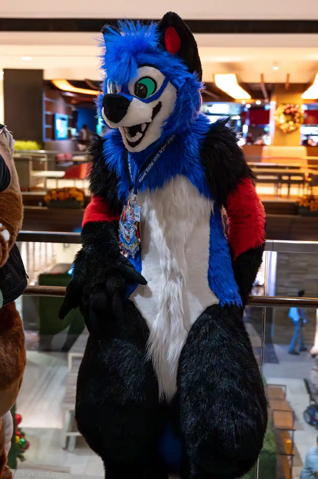 A person in a detailed blue, black, and white fursuit with red accents and green eyes stands indoors, smiling broadly with…