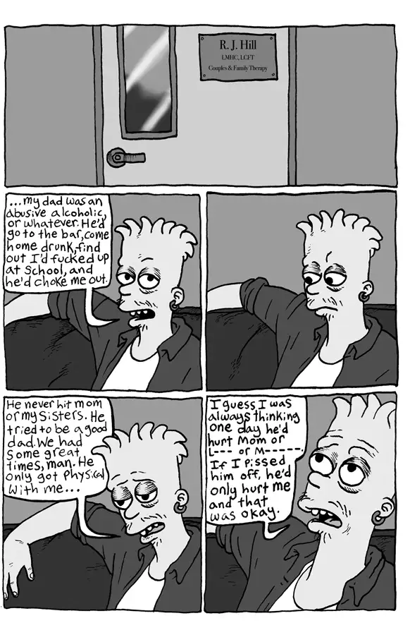 A four-panel comic strip featuring a man with spiky hair recounting his childhood trauma. He describes how his abusive…
