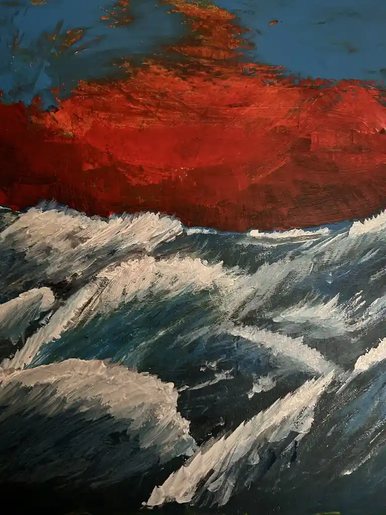 An abstract painting shows a turbulent sea with dark blue and white waves crashing below a bold red sky. The overlaid text…