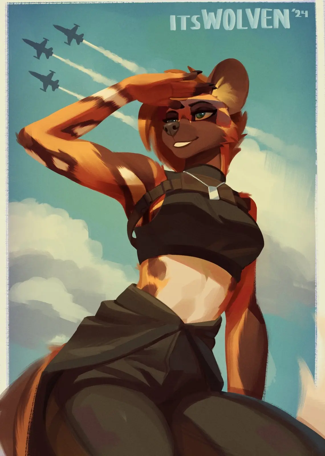 A stylized illustration of a muscular, anthropomorphic badger with orange and brown fur, wearing a black crop top and pants…