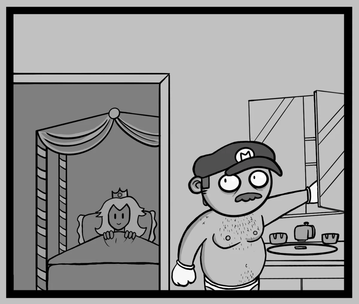 A black-and-white cartoon depicts a shirtless, mustachioed Mario in a bathroom, looking shocked at his reflection in a…