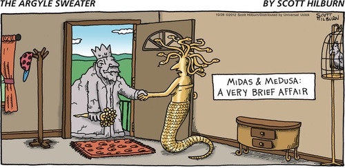 A cartoon depicts a golden-skinned Medusa with snake hair shaking hands with a bearded king, King Midas, who is holding a…
