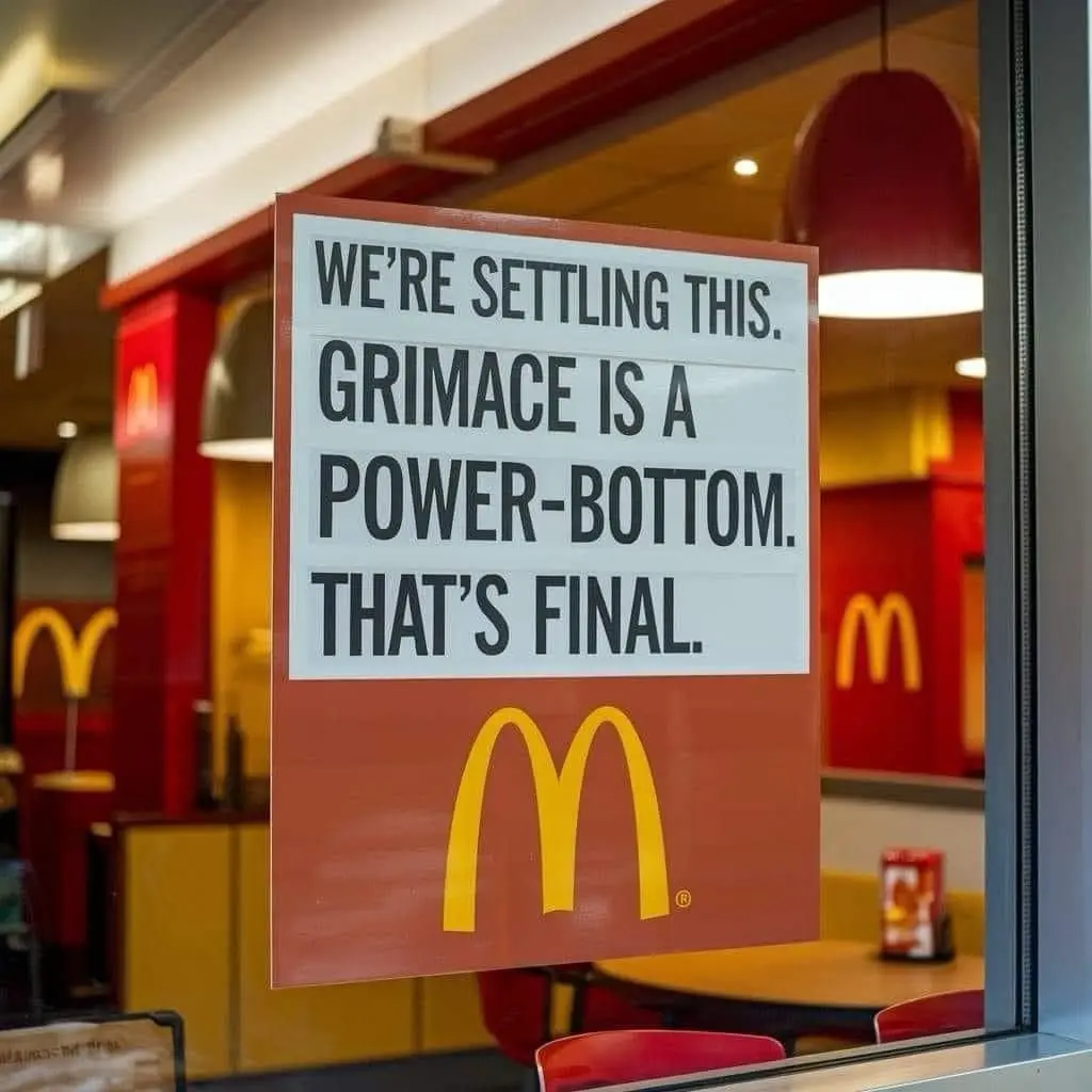 A sign posted on a McDonald's window declares in bold black text: 'WE'RE SETTLING THIS. GRIMACE IS A POWER-BOTTOM. THAT'S…