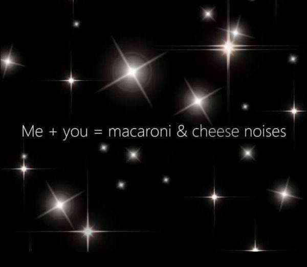 A black background with bright, star-like sparkles scattered across it. Centered white text reads 'Me + you = macaroni &…