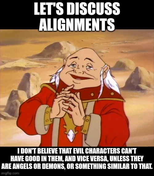 An animated bald man with white hair and a red robe stands in a desert, smiling and clasping his hands. The text above him…