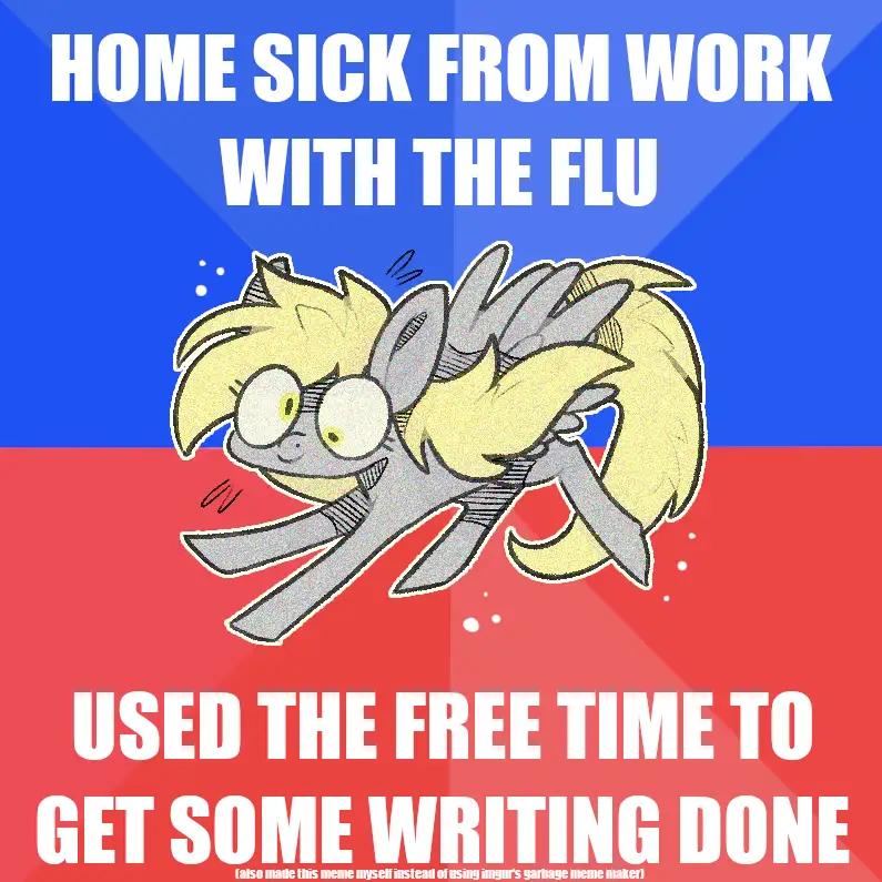 A cartoon pony with yellow mane and grey body appears sickly, eyes wide and body hunched, against a blue and red background…