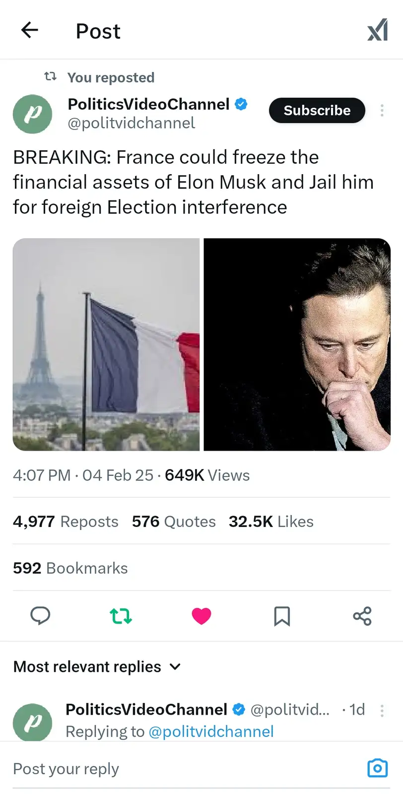 A screenshot of a social media post from 'PoliticsVideoChannel' shows a split image: on the left, a French flag waving with…