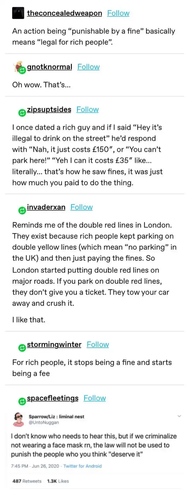 A screenshot of a social media thread where users discuss how fines for minor infractions are effectively legal for the…