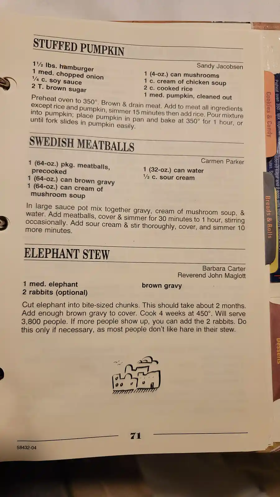 A page from a recipe book shows three recipes: 'Stuffed Pumpkin', 'Swedish Meatballs', and 'Elephant Stew'. The 'Elephant…