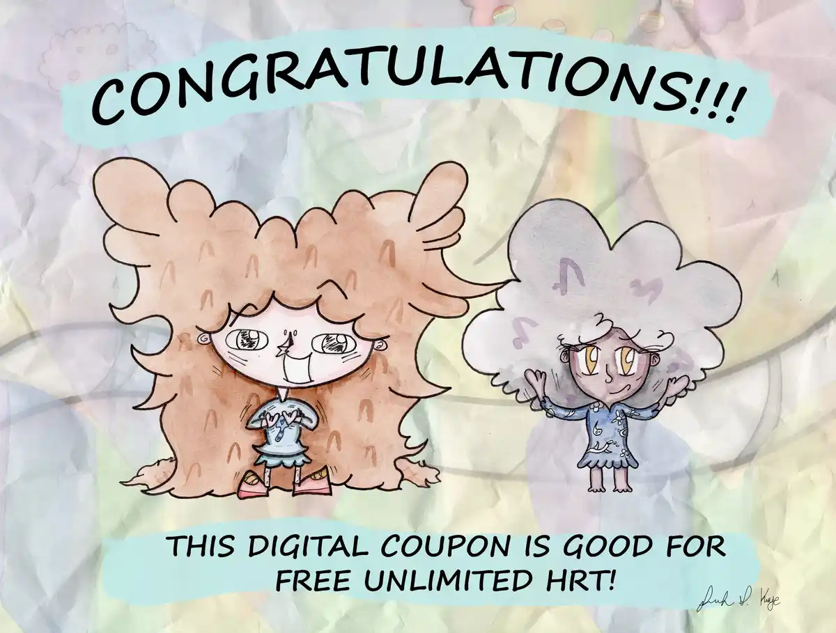Two cartoon characters with large, fluffy hair—one brown, one gray—stand against a crumpled paper background with rainbow…