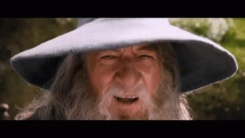 The image shows six sequential frames of Gandalf the Grey from 'The Lord of the Rings' movie, arranged in two rows of three…