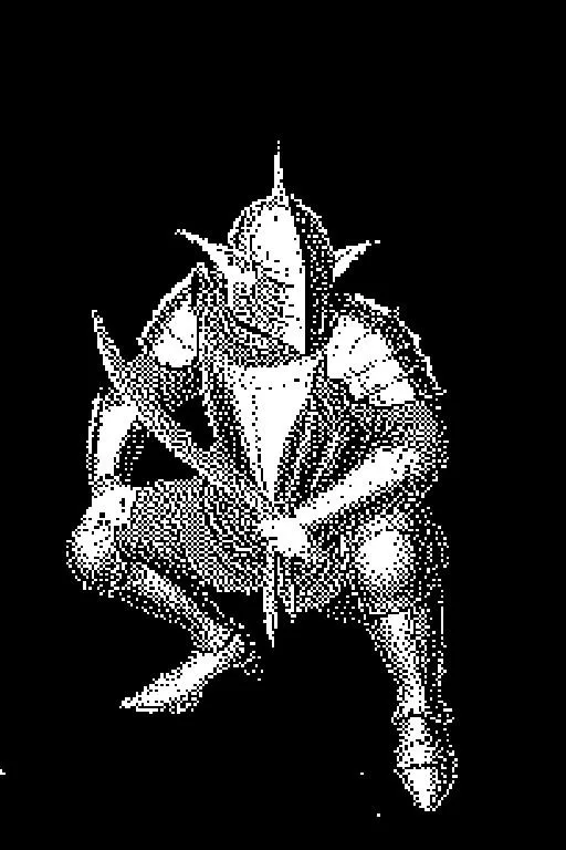 A low-resolution, black-and-white pixelated image shows a menacing, armored figure with a spiked helmet and a scowl…