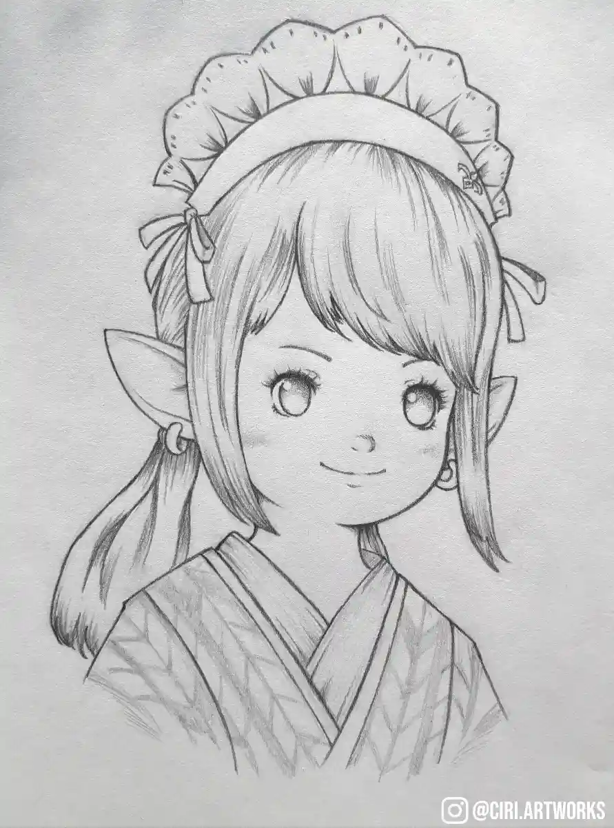 A pencil sketch of a young anime-style girl with large eyes, pointed elf ears, and a frilly headband, wearing a patterned…