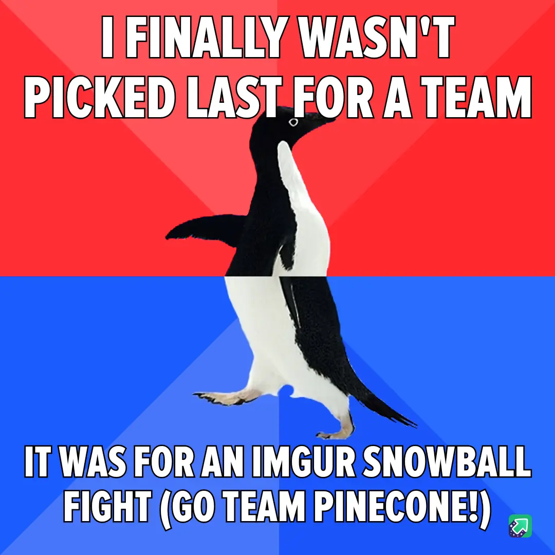 A penguin stands upright against a red and blue background, with bold white text overlaid. The top text reads 'I FINALLY…