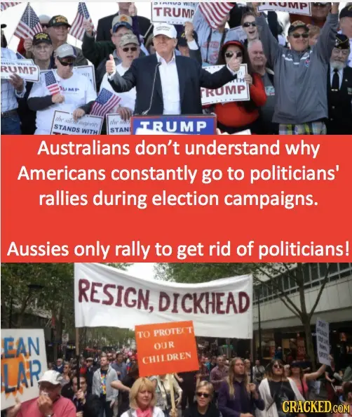 The image is a two-panel meme. The top panel shows Donald Trump at a rally with supporters holding 'TRUMP' signs and…