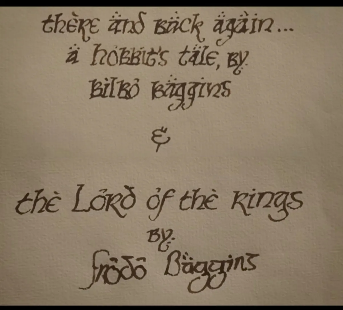 Handwritten text on textured paper reads 'there and back again... a hobbit's tale, by bilbo baggins & the lord of the rings…