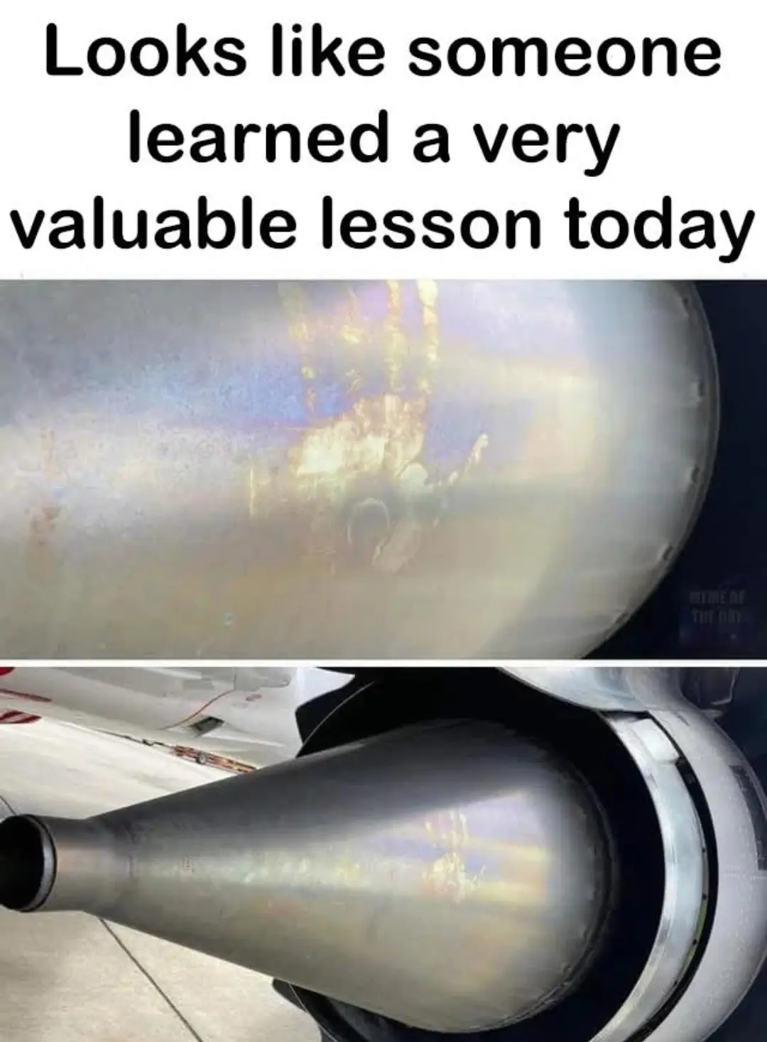 The image shows two close-up photos of a shiny, metallic airplane engine cone. The top photo reveals a clear handprint…
