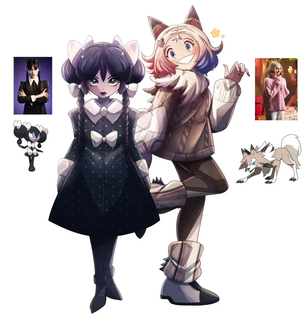 The image displays two anime-style characters with cat ears, one in a dark polka-dot dress and the other in a plaid outfit…