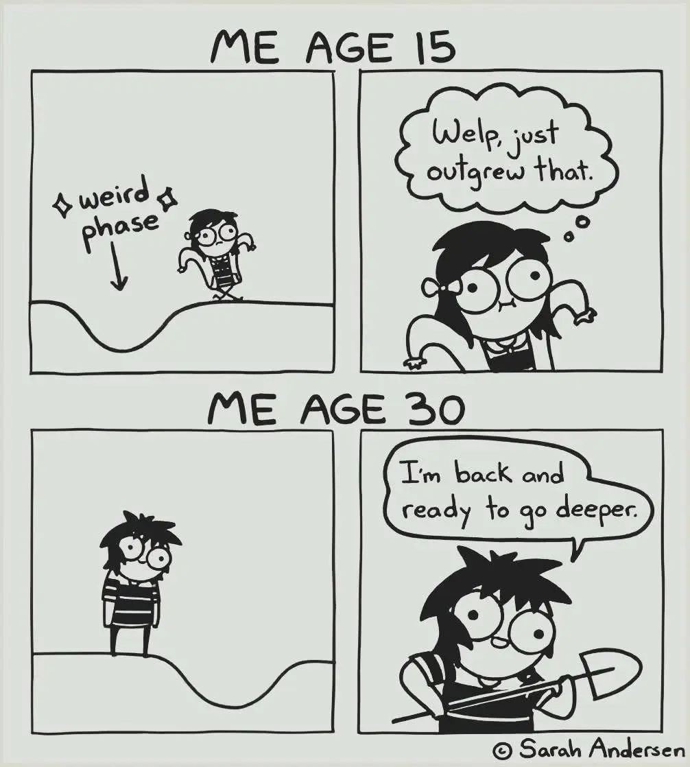 A four-panel comic strip by Sarah Andersen shows a character at age 15 labeled 'weird phase' standing atop a hill, then…